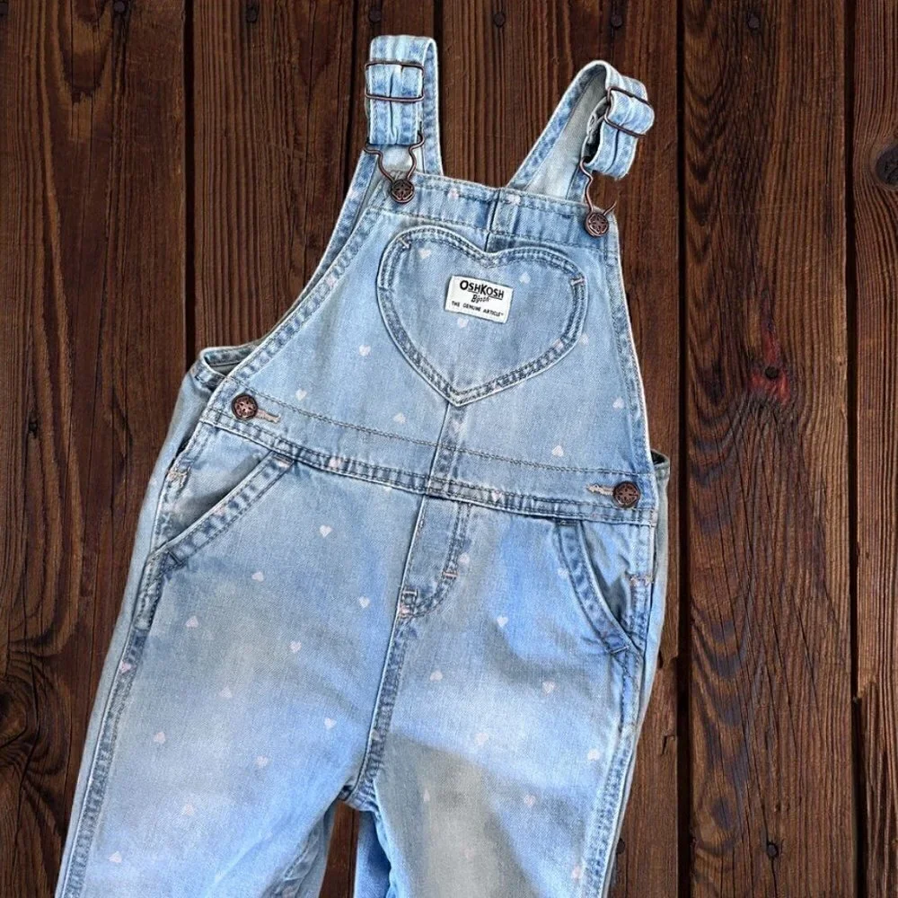 OSHKOSH B'GOSH Vespak Vintage 90s Denim Light Pink Hearts Denim Overalls 24M